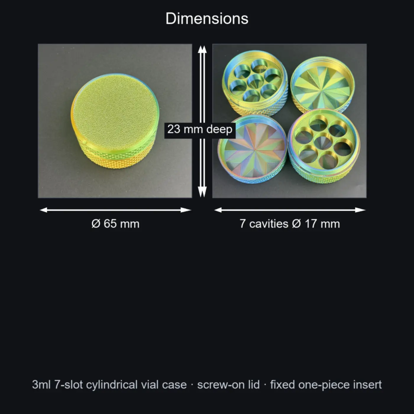 cylindrical vial case dimensions diagram: 65 x 42 mm, seven 17 mm cavities